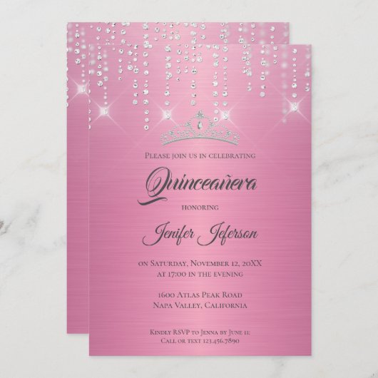 Glitter zilveren druipende Quinceanera uitnodiging (Voorkant / Achterkant)