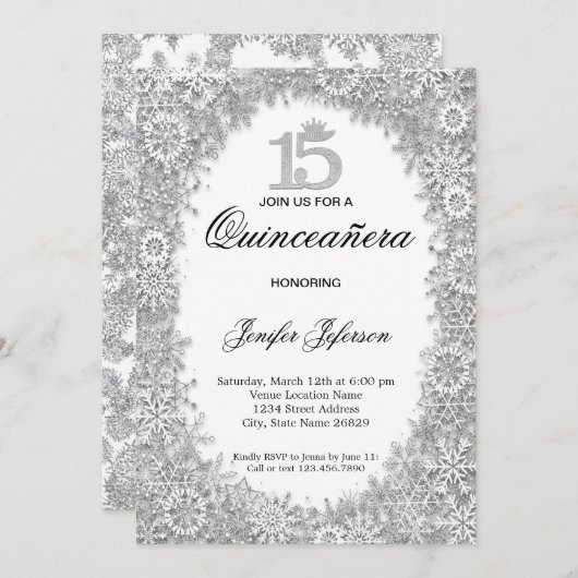 Glitter zilveren winter Quinceanera uitnodiging (Voorkant / Achterkant)