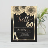 Glitter, Zonnebloemen, Glas Zwart 60ste Verjaardag Kaart (Staand voorkant)