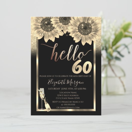 Glitter, Zonnebloemen, Glas Zwart 60ste Verjaardag Kaart (Staand voorkant)