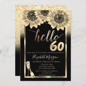 Glitter, Zonnebloemen, Glas Zwart 60ste Verjaardag Kaart (Voorkant / Achterkant)