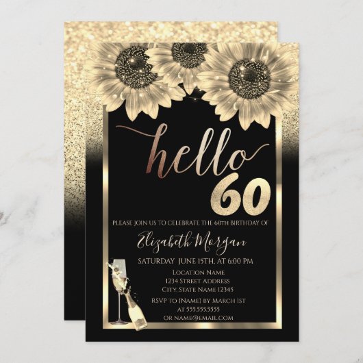 Glitter, Zonnebloemen, Glas Zwart 60ste Verjaardag Kaart (Voorkant / Achterkant)
