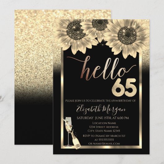 Glitter, Zonnebloemen, Glas Zwart 65e Verjaardagsf Kaart (Voorkant / Achterkant)