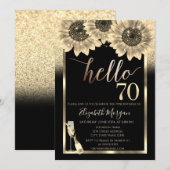 Glitter, Zonnebloemen, Glas Zwart 70ste verjaardag Kaart (Voorkant / Achterkant)