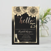 Glitter, Zonnebloemen, Glas Zwart 75e Verjaardagsf Kaart (Staand voorkant)