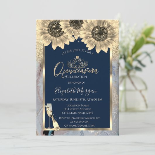 Glitter, Zonnebloemen, GlassTiara Marble Quinceane Kaart (Staand voorkant)