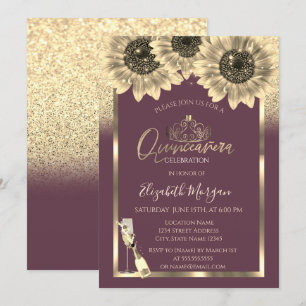 Glitter,Zonnebloemen,Tiara Burgundy Quinceanera Kaart