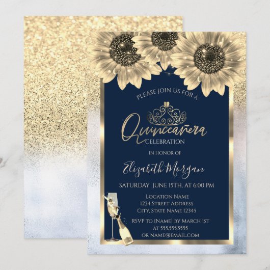 Glitter, zonnebloemen, Tiara Mettalic Quinceanera Kaart (Voorkant / Achterkant)