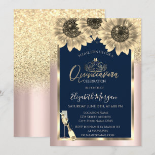 Glitter, zonnebloemen, Tiara Roos Gold Quinceanera Kaart