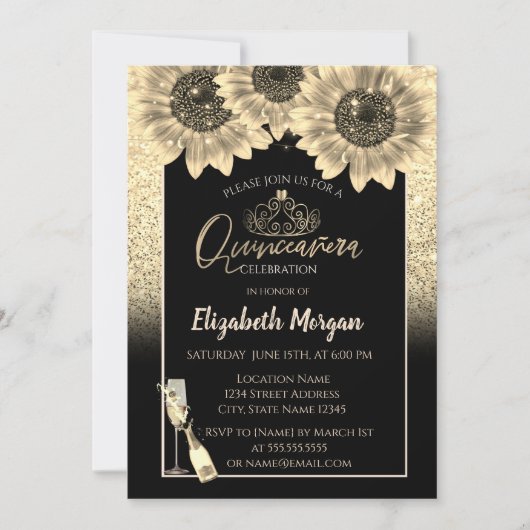 Glitter, Zonnebloemen, Wijnglas Tiara Quinceanera Kaart (Voorkant)