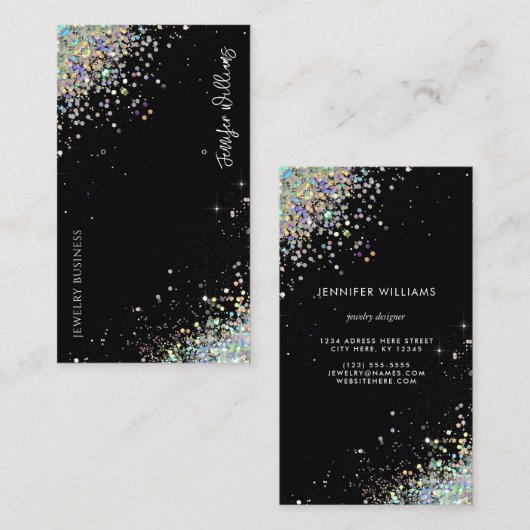 Glitter-zwart beeldscherm met juwelen holografisch visitekaartje (Voorkant / Achterkant)