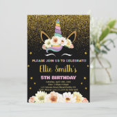 Glitter Zwart Eenhoorn Verjaardag Uitnodigingen (Staand voorkant)