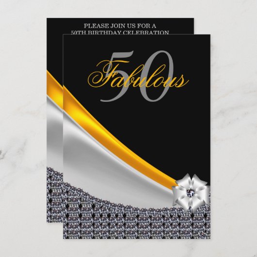 Glitter Zwart en Goud Fabulous 50th Birthday Kaart (Voorkant / Achterkant)