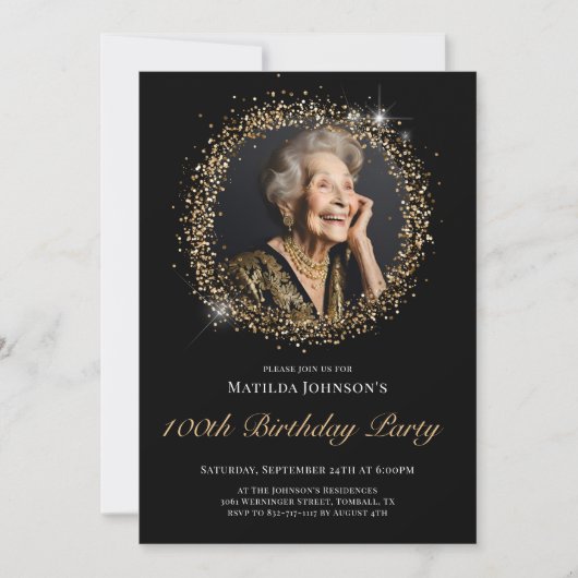 Glitter Zwart Goud 100ste Verjaardag Uitnodiging (Voorkant)