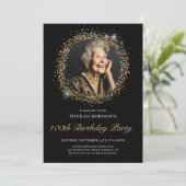 Glitter Zwart Goud 100ste Verjaardag Uitnodiging (Staand voorkant)