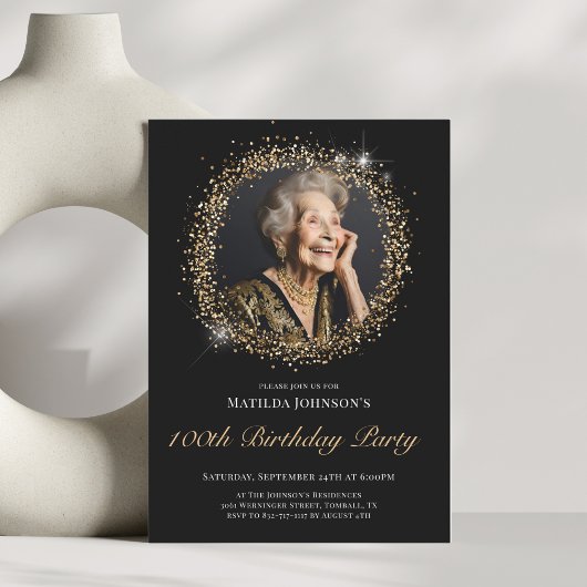 Glitter Zwart Goud 100ste Verjaardag Uitnodiging