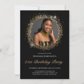 Glitter Zwart Goud 21e Verjaardag Uitnodiging (Voorkant)