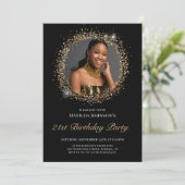 Glitter Zwart Goud 21e Verjaardag Uitnodiging (Staand voorkant)