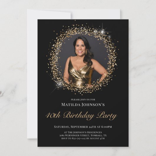 Glitter Zwart Goud 40e Verjaardag Uitnodiging (Voorkant)