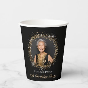 Glitter Zwart Goud 70ste Verjaardag Papieren Bekers
