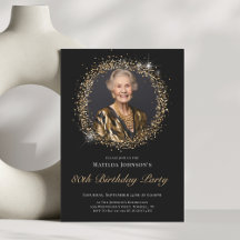 Glitter Zwart Goud 80ste Verjaardag Uitnodiging