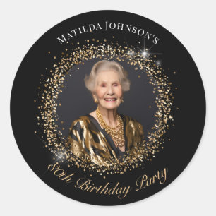 Glitter Zwart Goud Foto 80ste Verjaardagsfeestje Ronde Sticker