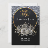 Glitter Zwart Roos Flowers Save the Date (Voorkant)
