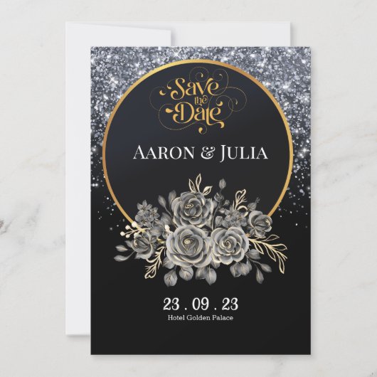 Glitter Zwart Roos Flowers Save the Date (Voorkant)