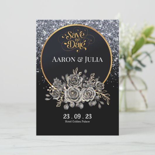 Glitter Zwart Roos Flowers Save the Date (Staand voorkant)