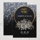 Glitter Zwart Roos Flowers Save the Date (Voorkant / Achterkant)