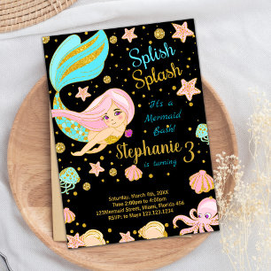 Glitter Zwart Zeemeermin Verjaardag Uitnodigingen