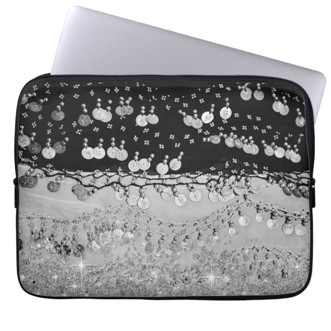 Glitter zwarte en zilveren munten laptop sleeve (Voorkant)