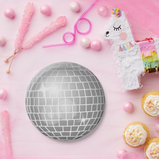 Glitterbal zilver retro  disco party papieren bordje (Feest)