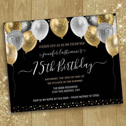 Glitterballonnen 75e verjaardagsfeest uitnodiging