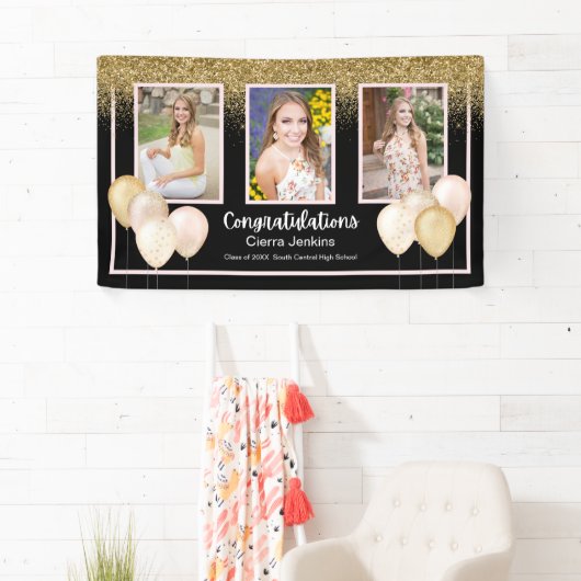 Glitterballonnen Drie foto's Afstuderen Banner (Insitu)