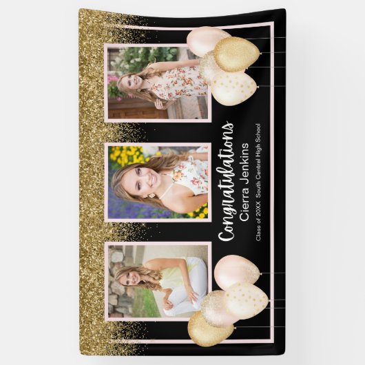 Glitterballonnen Drie foto's Afstuderen Banner (Verticaal)
