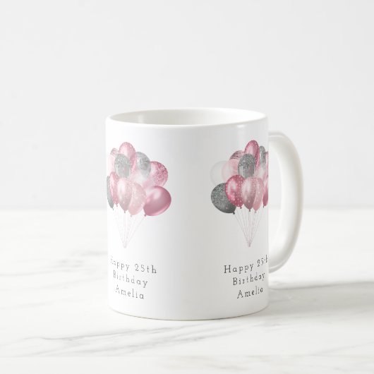 Glitterballonnen roze en zilver Happy Birthday Koffiemok (Voorkant rechts)