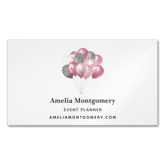 Glitterballonnen roze en zilver magnetisch visitekaartje (Voorkant)