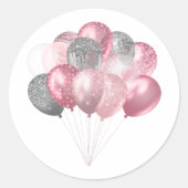 Glitterballonnen roze en zilver ronde sticker (Voorkant)