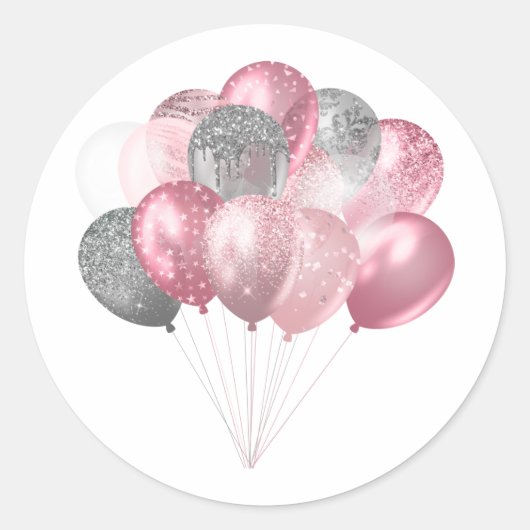 Glitterballonnen roze en zilver ronde sticker (Voorkant)