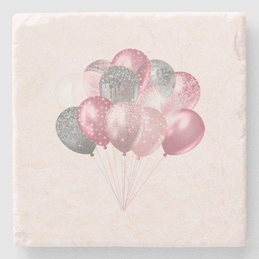 Glitterballonnen roze en zilver stenen onderzetter (Voorkant)
