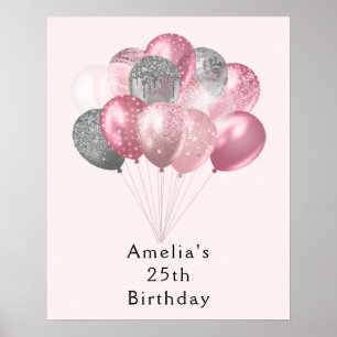 Glitterballonnen Roze en Zilver Verjaardag Poster