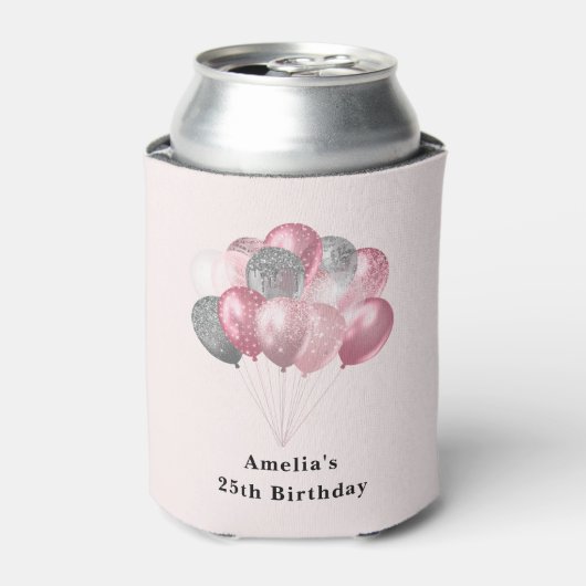 Glitterballonnen roze en zilveren verjaardag blikjeskoeler (Blikje Voorkant)