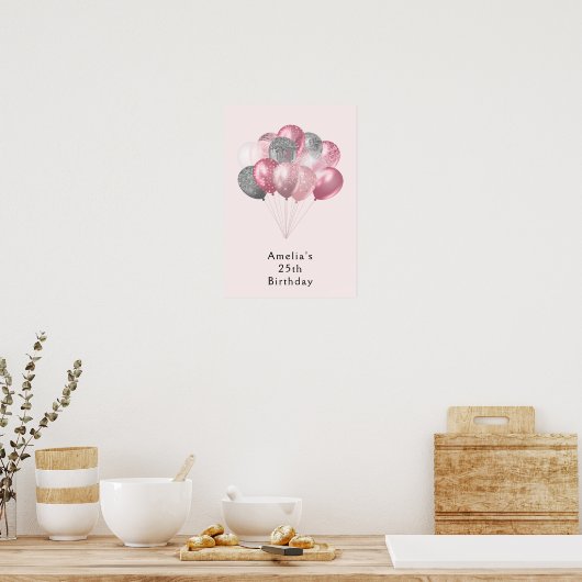 Glitterballonnen roze en zilveren verjaardag poster (Keuken)
