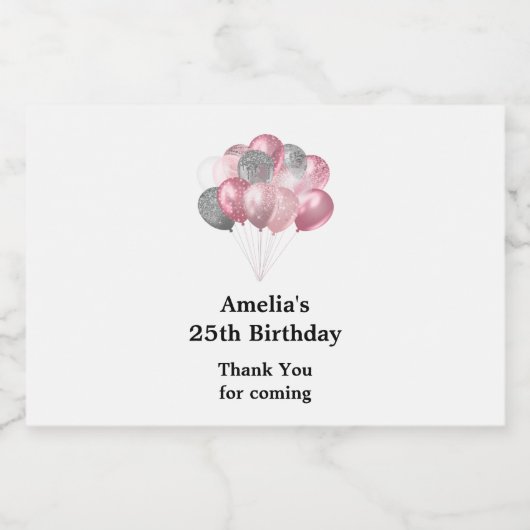 Glitterballonnen roze en zilveren verjaardag sparkling wijnetiket (Enkel label)