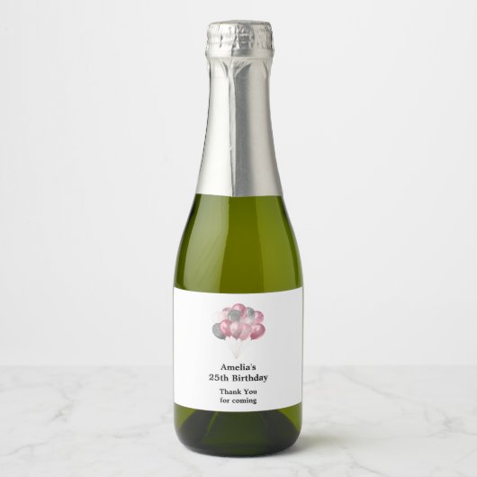 Glitterballonnen roze en zilveren verjaardag sparkling wijnetiket (Voorkant)