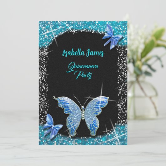 glitterboog zwart blauw turquoise Vlinder elegant Kaart (Staand voorkant)