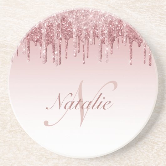 Glitterdrip, licht roze en roos goudglitter zandsteen onderzetter (Voorkant)