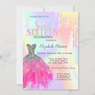 Glitterdruppels, Chique jurk holografisch Sweet 16 Kaart
