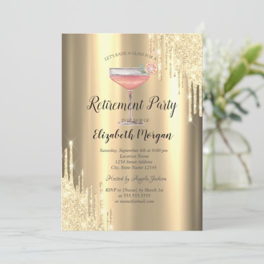 Glitterdruppels, Cocktail, Gouden Pensionering Kaart (Staand voorkant)